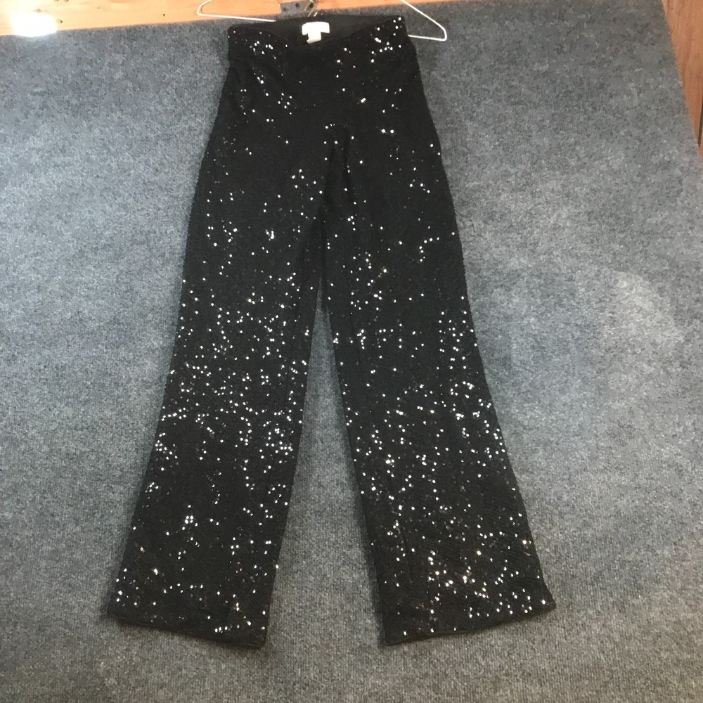 H&M Flared Sequined Pants Womens XS (Fits 24x28.5) Black Stretch High Rise Party